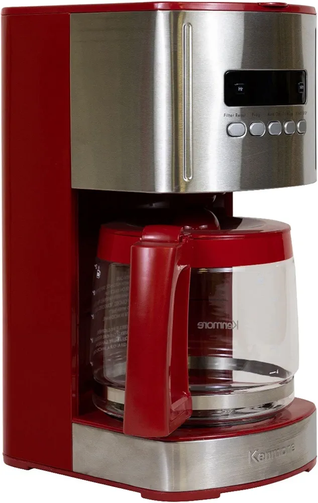 Kenmore Coffee Maker 12 cup Drip Coffee Machine Reusable Filter Programmable Timer Digital Display Aroma Control Glass Carafe Charcoal Water Filter Regular Bold Stainless Steel and Red