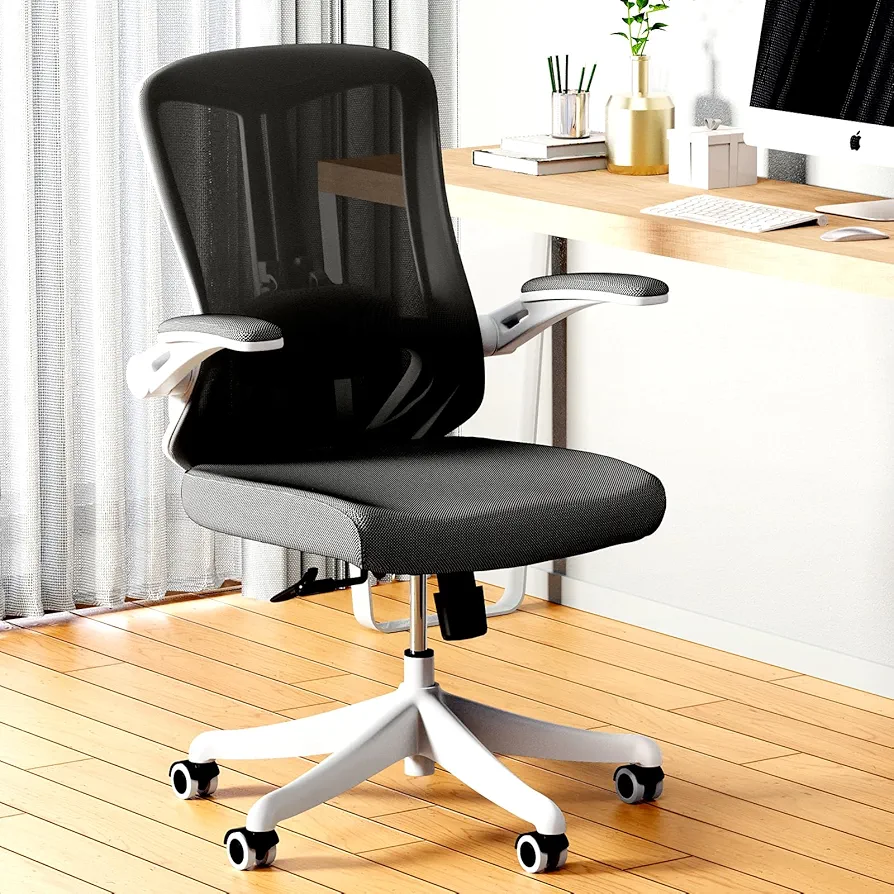 Office Chair Ergonomic Desk Chair with 350LBS Capacity, Comfort Computer Chair, Mid Back Gaming Chair for Long Hours with Wheels, Adjustable Height, Lumbar Support, Flip-up Armrest (White+Black)