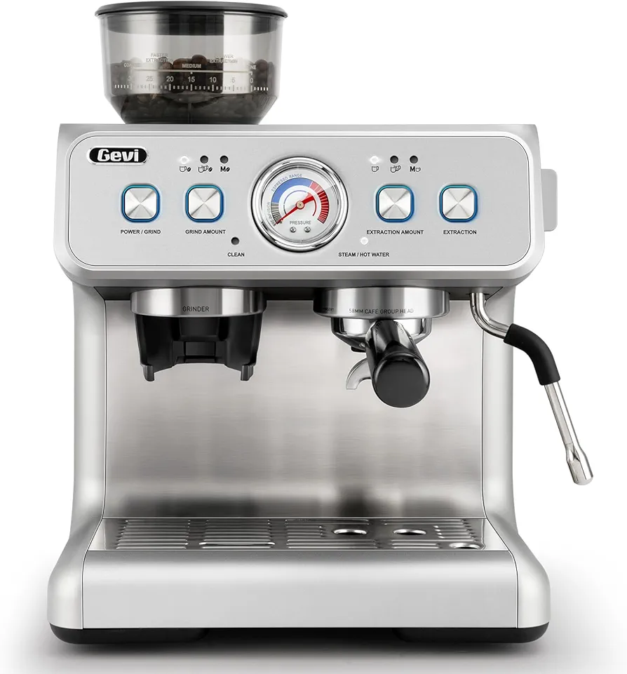Gevi [2024 Upgraded Dual Boiler Espresso Machine EzBru 2000 | 58mm Grouphead | Barista Level Steam Wand | Built-in Grinder With 31 Size Settings | Full Stainless Steel Housing | Sterling Silver