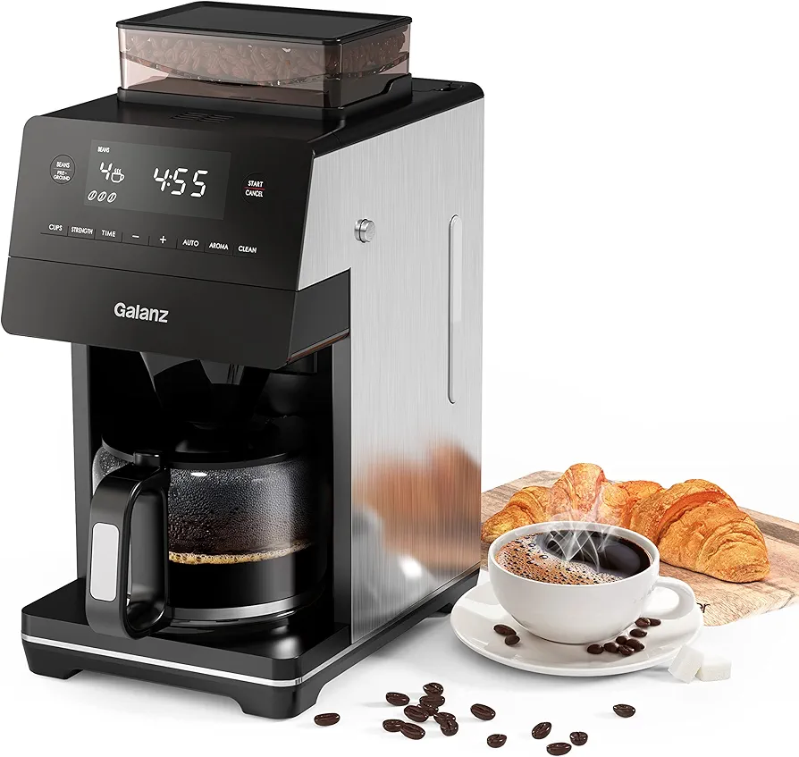 Galanz 2-in-1 Grind and Brew Coffee Maker with Adjustable Grind Size, Digital LED Touch Screen, Removable Coffee Filter Basket, Clean Indicator Light, 1000W, 12-Cup, Stainless Steel