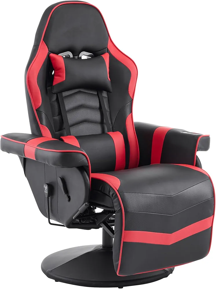 Massage Gaming Chair, Game Chair for Adults with Footrest, Ergonomic PU Leather Video Game Chairs with Cup Holder, Black Red