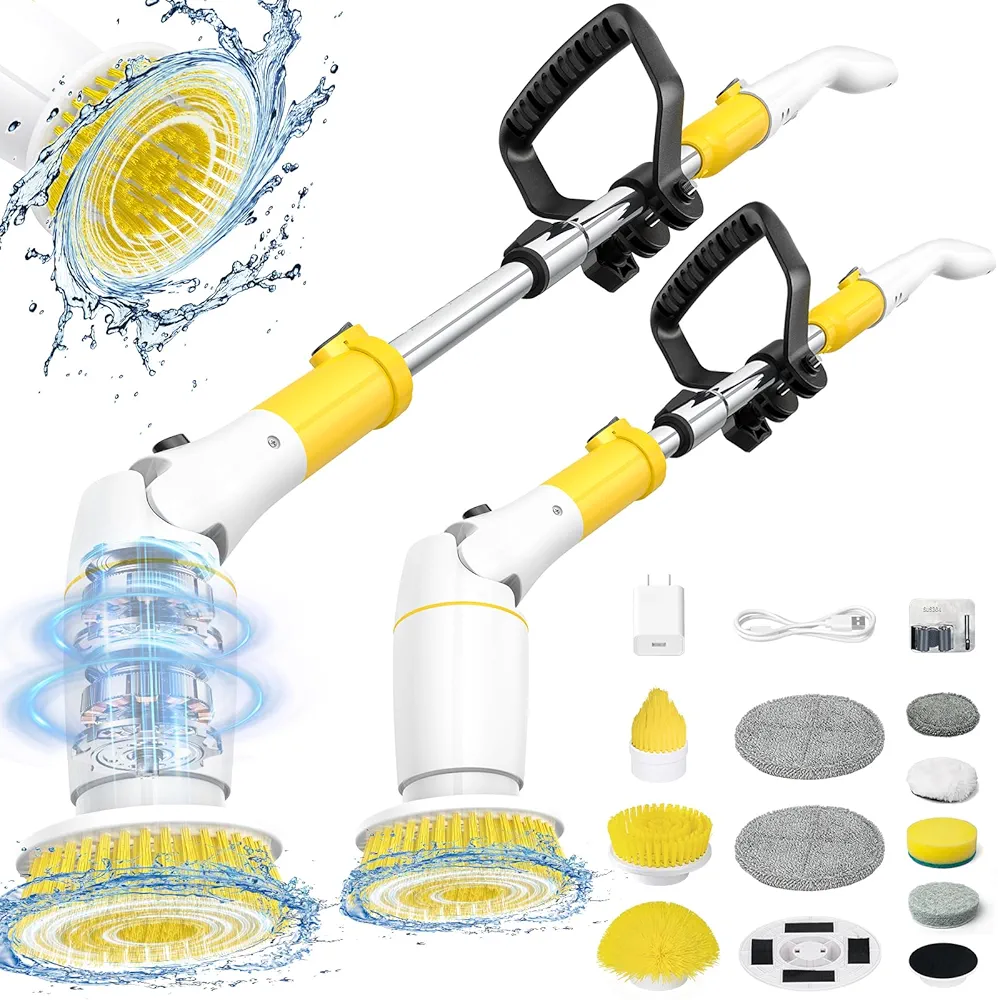 Electric Spin Scrubber, Cordless Cleaning Brush Shower Scrubber Up to 550 RPM with 9 Replaceable Brush Heads, Bathroom Scrubber Adjustable Handle for Bathroom Tub Kitchen Car (Yellow)