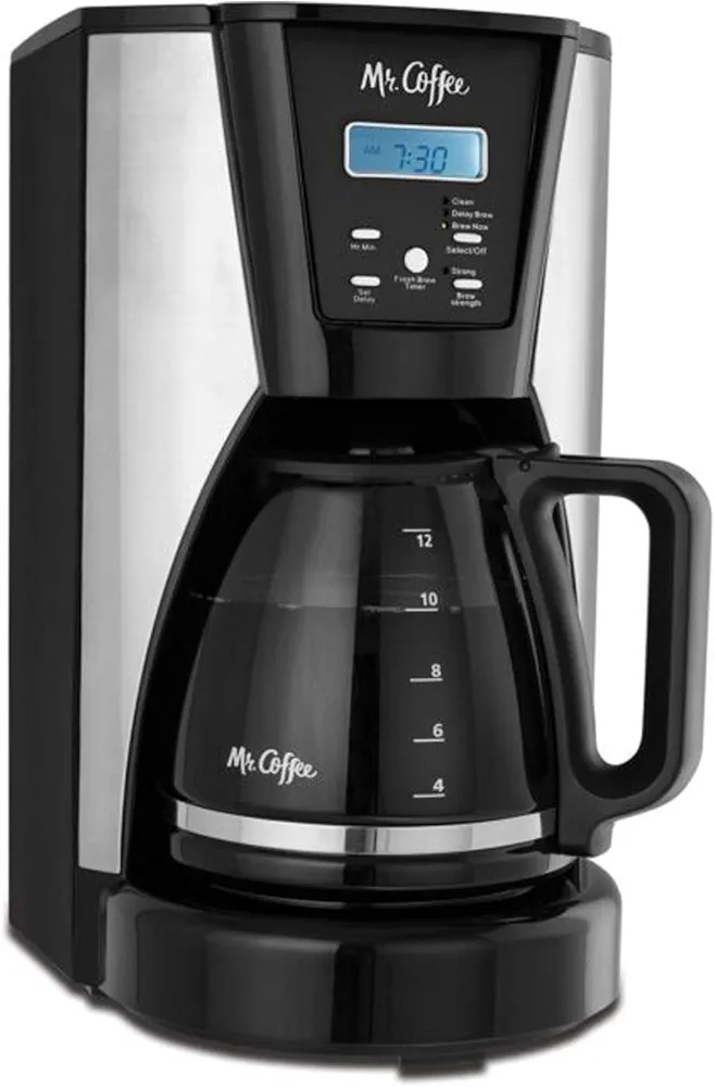 Mr. Coffee BVMCMJX41NWF 12-Cup Pot Programmable Brewer Auto-Shutoff Coffee Maker Machine with Grab-A-Cup Brew Pause Function, Timer, and Cycle-Finish Chime in Black/Silver