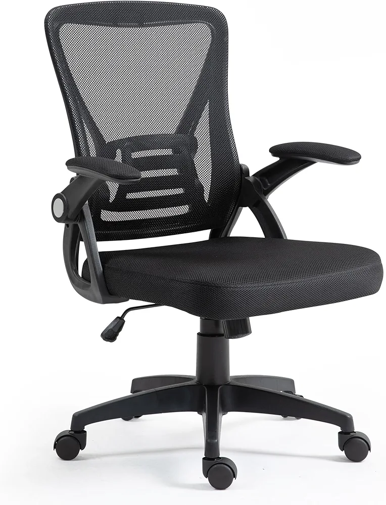 Ergonomic Mesh Office Chair with Adjustable Flip Arms, Lumbar Support, Swivel Wheels - Stylish Black for Home, Office, Den, and Student Use