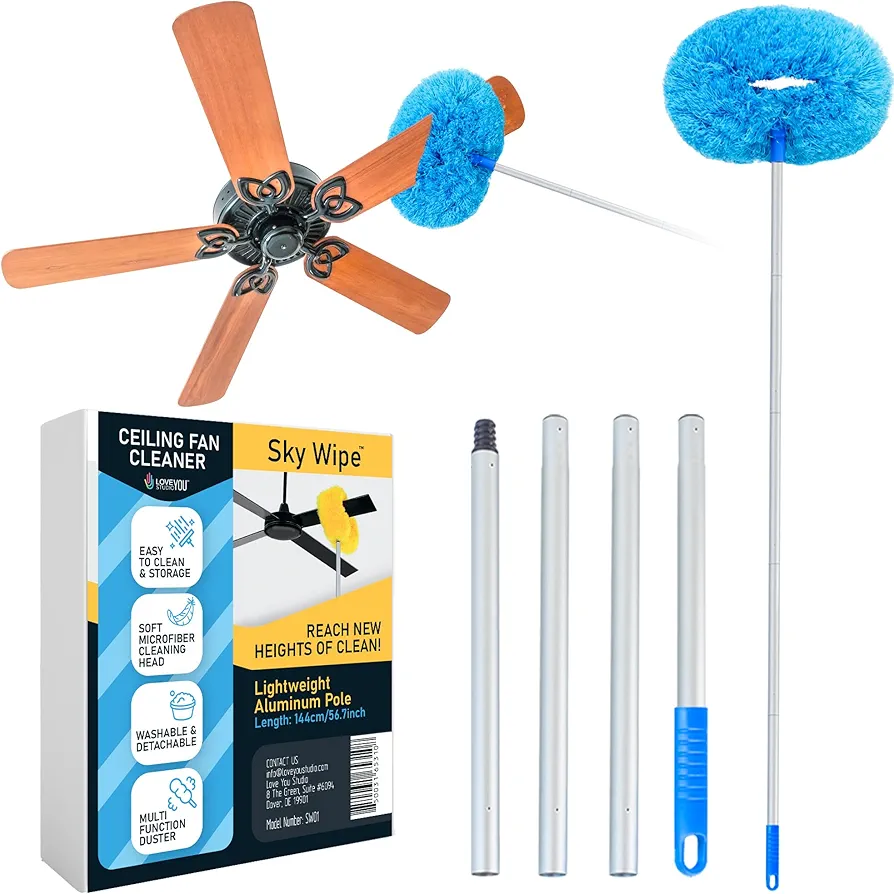 The ‘SkyWipe’ Ceiling Fan Cleaner Duster with Extension Pole - Microfiber Cleaning Tool Extended Long Handle for High Ceiling (Blue)