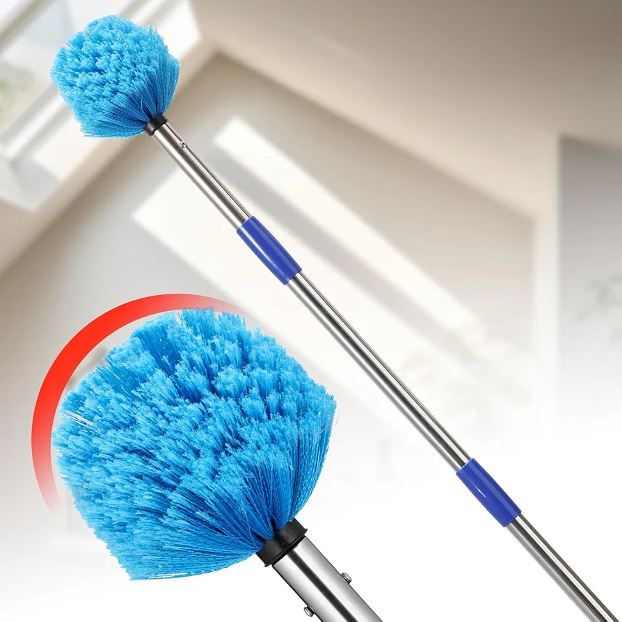 Cobweb Duster with Extension Pole - 8ft Adjustable Spider Web Brush with Pole,Non-Shedding Fluffy Bristles,Cob Webber Duster for House Ceiling,Outdoor - Spiderweb Remover Cleaning Tool Long Handle