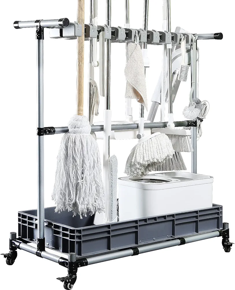 Multifunctional Cleaning Cart and Tool Organizer - Broom and Mop Holder
