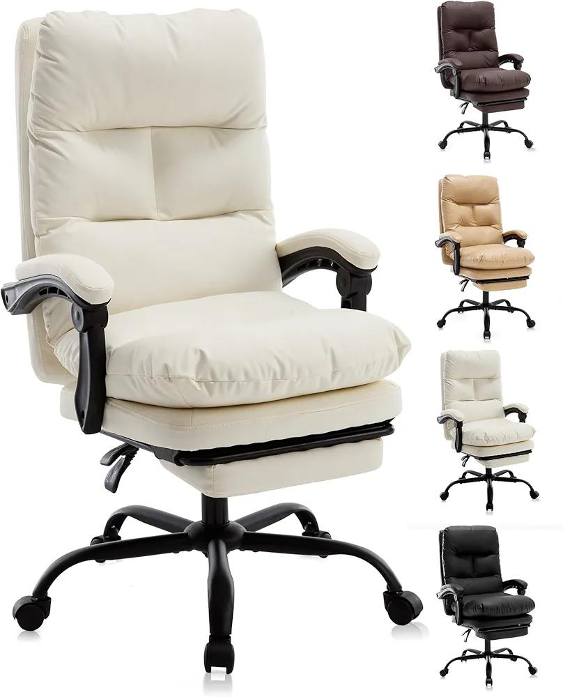 Office Chair with Footrest, Ergonomic Office Chair for Heavy 300 lbs, Leather High Back Executive Office Chair for Working Gaming with Lumbar Support(Snow Ivory)