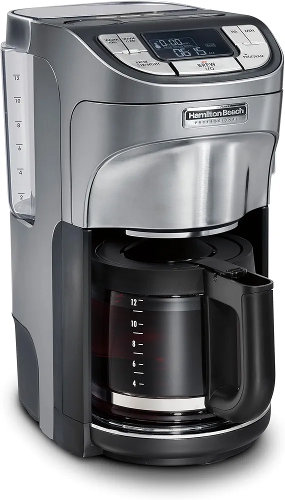 Hamilton Beach Professional Programmable Drip Coffee Maker, 12 Cup Capacity Ergonomic Carafe, 60oz Removable Reservoir,120 volts, Brushed Metal (49500)