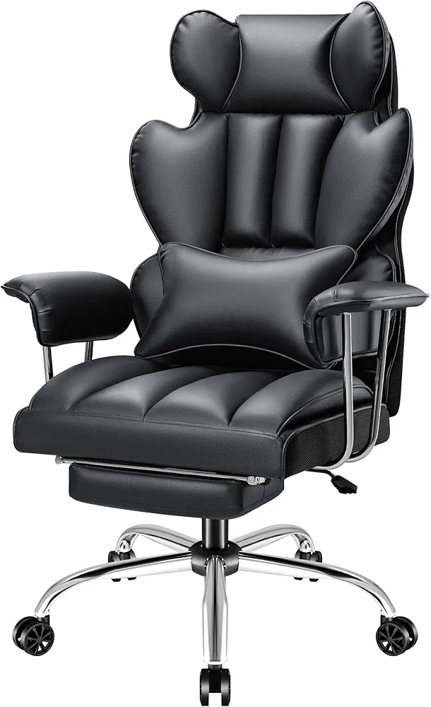 Furmax Gaming Chair, Ergonomic Office Chair, Reclining Height Adjustable Leather High Back Executive Desk Chair with Footrest and Lumbar Support (Black)