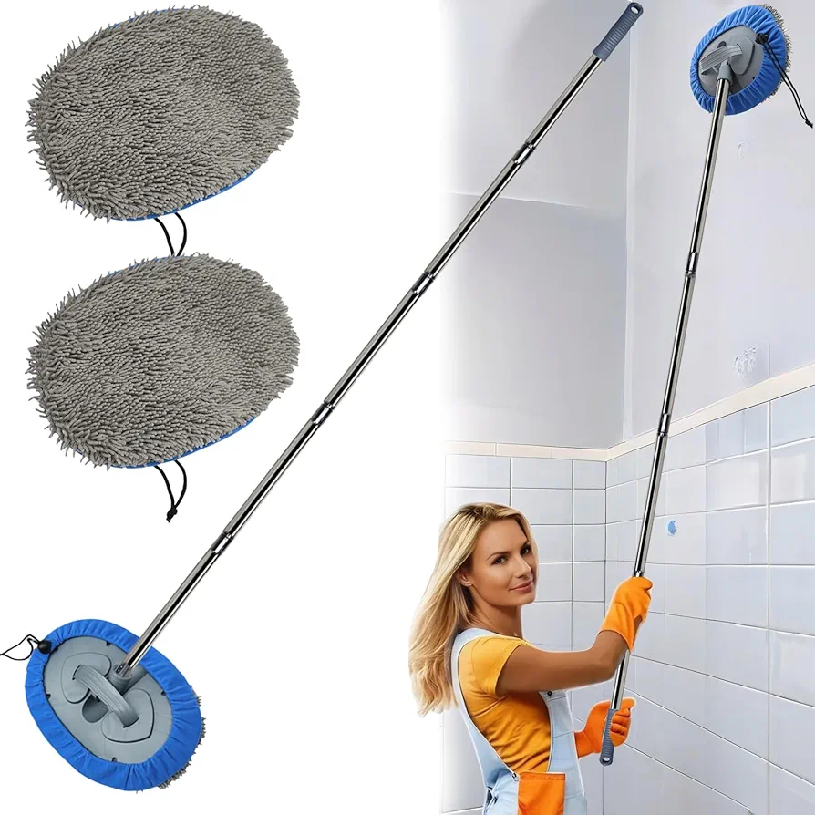 Max 83'' Wall Mop, Wall Cleaner with Long Handle, Ceiling Dust Mop with 15° Labor-Saving Elbow Extension Pole, Baseboard Duster Washer Scrubber, High Reach Window Cleaning Brush, Roof Cleaning Tool