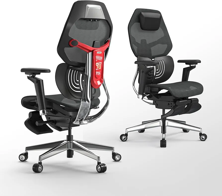 ES2T Computer Desk Gaming Chair with 2-Piece Protrusion Adjustable Lumbar Support Trackmaster 6D Armrest Height Adjustable with 2D Leather Headrest 136° Tilt for Office and Gaming