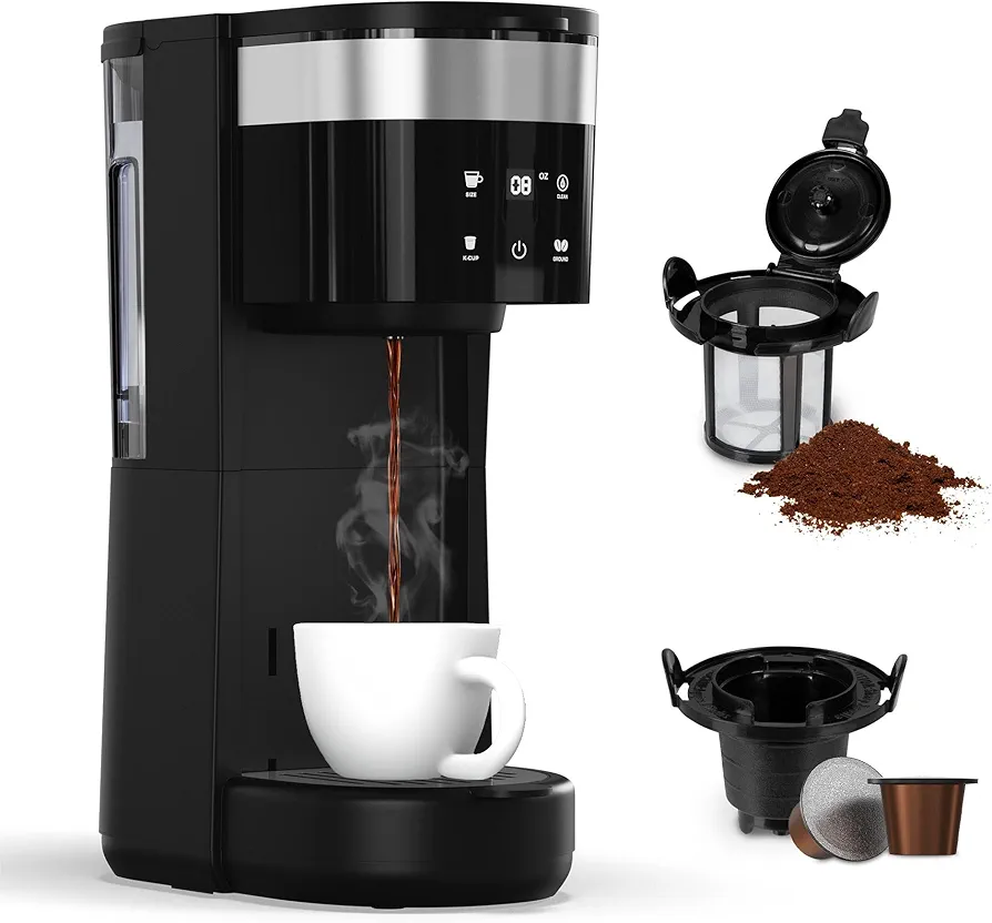 Compact Single Serve Coffee Maker with Self-Cleaning, 6 to 14 Oz Cup Size Coffee Machine for K Cup and Ground Coffee, Slim Single Cup Coffee Maker with 30Oz Reservoir, Ideal for Office, Camping, Black