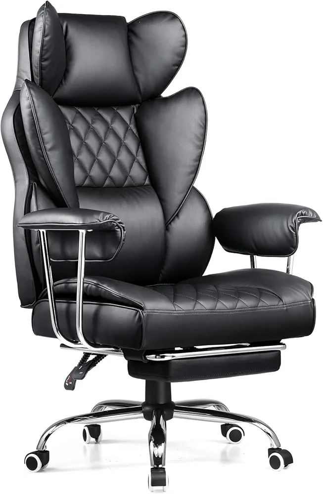 COMHOMA Big and Tall Gaming Chair with Pocket Spring Lumbar Support, Ergonomic Office Chair with Footrest, Executive Desk Chair with Outward Fixed Soft Armrests, Computer Chair with High Back, Black