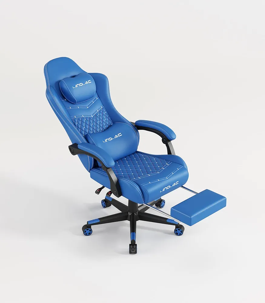 Gaming Chair, Computer Office Chair with Footrest, 155° Reclining Chair, Ergonomic High Back Computer Chair with Headrest and Lumbar Support for Adults and Kids(Blue)