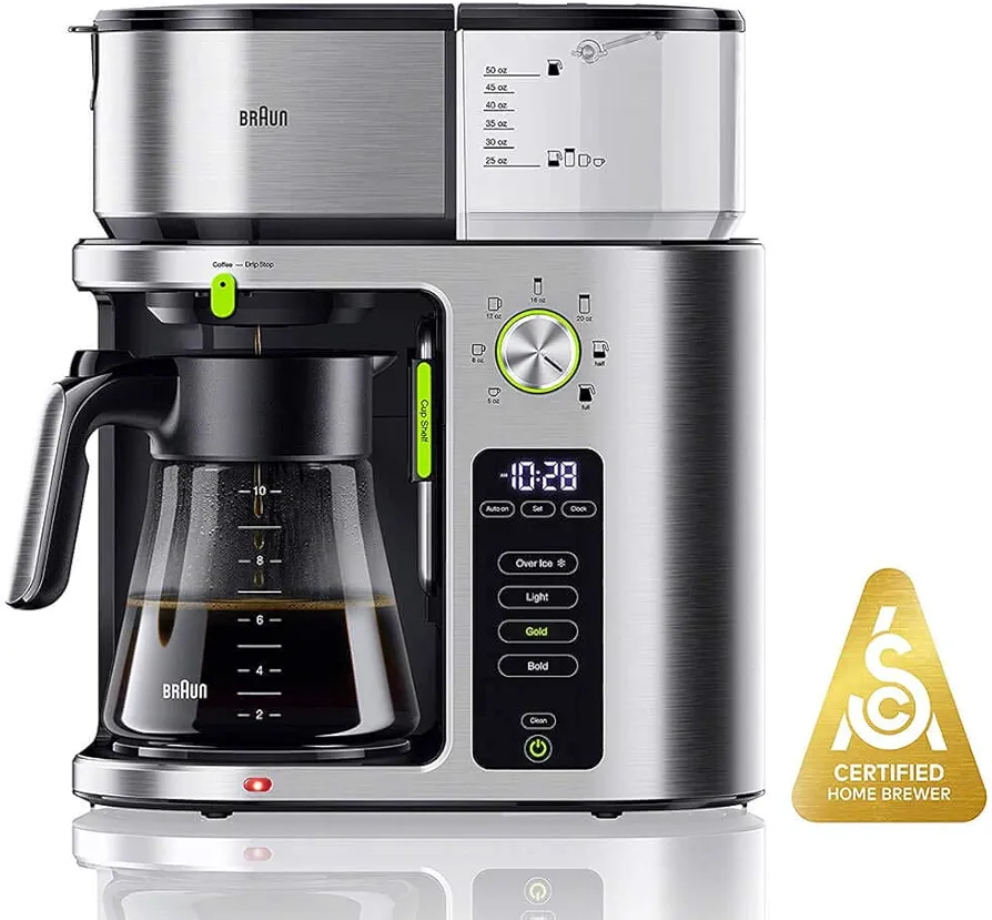 Braun MultiServe Coffee Machine 7 Programmable Brew Sizes / 3 Strengths + Iced Coffee & Hot Water for Tea, Glass Carafe (10-Cup), Stainless Steel, KF9170SI