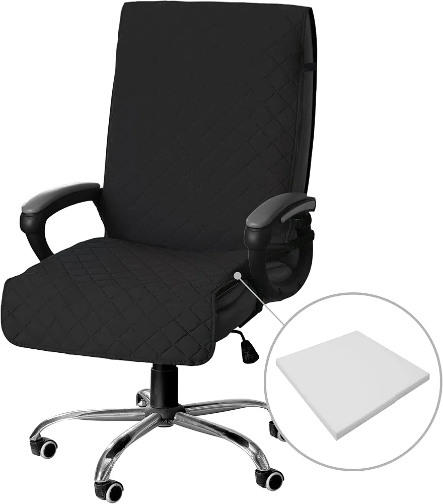 Easy-Going Quilted Microfiber Office Chair Cover with Soft Memory Foam Seat Cushion Water Resistant Desk Computer Chair Slipcover Anti-Slip Chair Protector (Medium, Black)