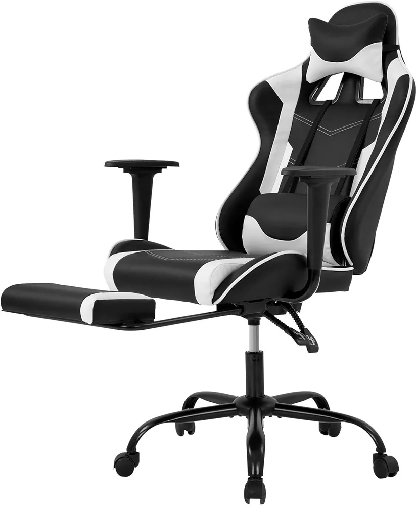 BestOffice Ergonomic PC Racing Gaming Chair Cheap Office Desk Chair PU Leather Computer Chair Lumbar Support with Footrest Modern Task Rolling Swivel Chair for Women, Men(White)